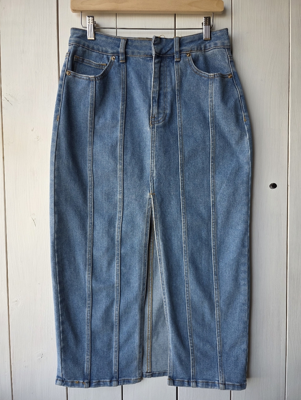 House Of Harlow 1960 Nicole Richie Midi Denim Skirt Front Slit Size 10
